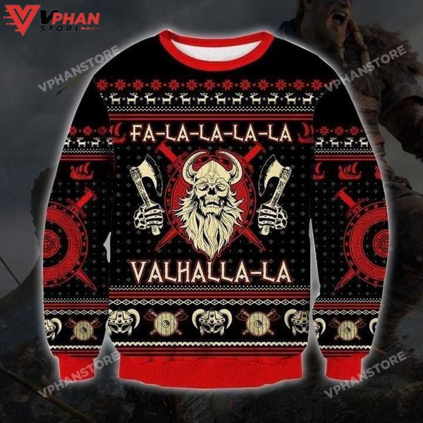 Red Viking Skull Hold Poleax All Over Printed Sweater, Christmas Sweater