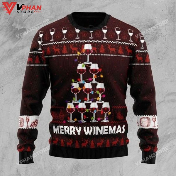 Red Wine Made Pine Tree With Colorful Light Ugly Christmas Sweater