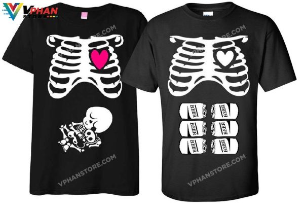 Rib Cage And Baby Skeleton Pregnant Couple Halloween Costumes Father To Be Six Pack Beer T-Shirt Baby Shower Gift