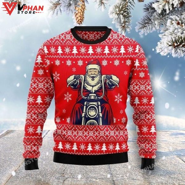 Riding Motocycle Santa XMas Wool Knitted Ugly Christmas Sweater