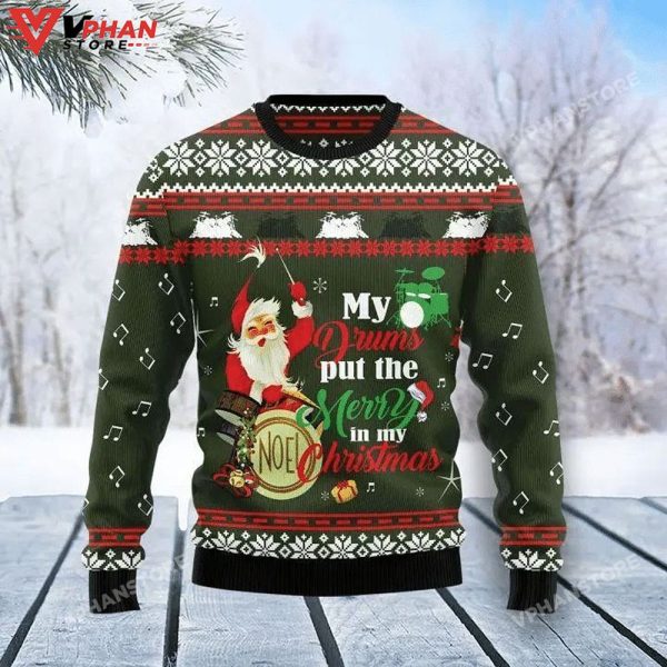 Santa And Drum 3D Sweater, Ugly Christmas Sweater
