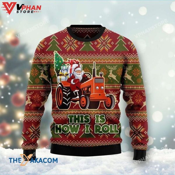 This Is How I Roll Santa Claus Ridng Red Truck Ugly Christmas Sweater