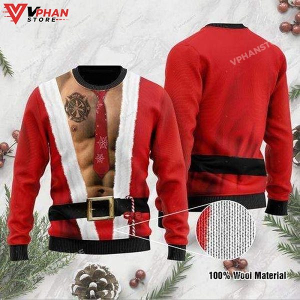 Santa Claws Body With Firefighter Tattoo Christmas Sweater