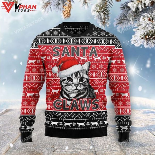 Santa Claws Cat All Over Printed Sweater, Ugly Christmas Sweater