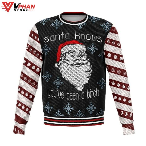 Santa Knows All Over Printed Sweater, Ugly Christmas Sweater