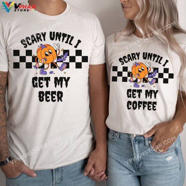 Scary Until I Get My Beer Coffee Funny Couple Halloween Matching Party T-Shirt Couples Halloween Costumes