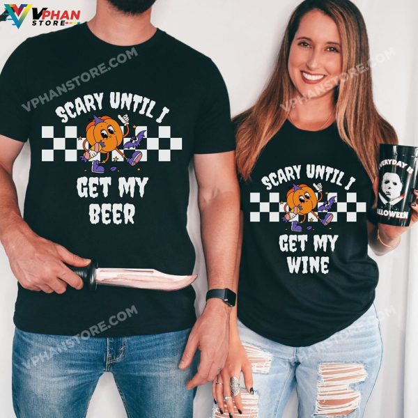 Scary Until I Get My Beer Wine Groovy Funny Couples Halloween Matching Party T-Shirt