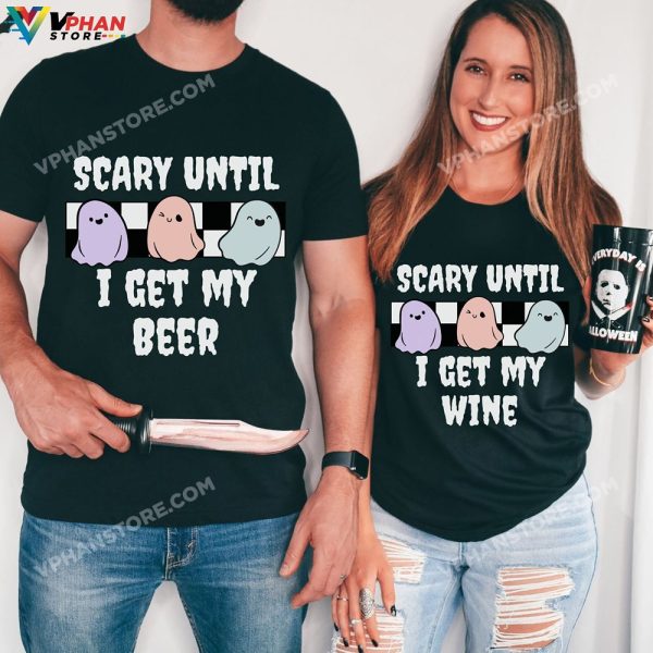 Scary Until I Get My Wine Couples Halloween Costumes Funny Ghost Family Matching T-Shirt