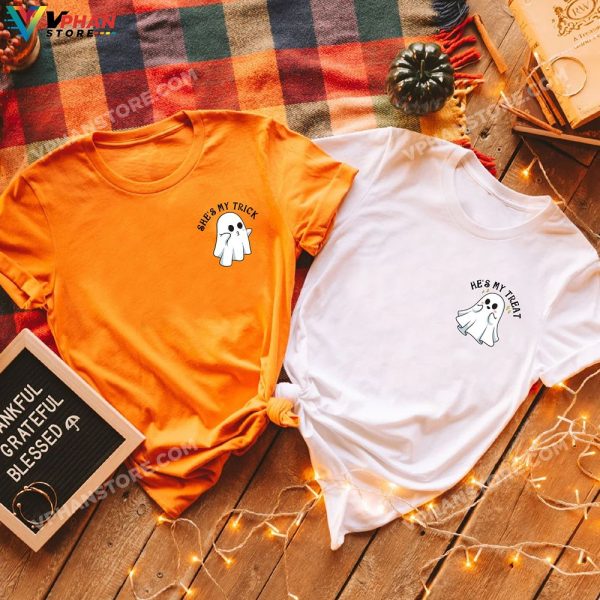 She’s My Trick He’s My Treat Cute Ghost Halloween Couple Shirts Funny Couples Halloween Costumes