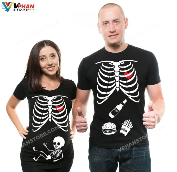 Skeleton Bow Tie Baby Boy Maternity Halloween Couple Matching Pregnancy X-Ray Shirts