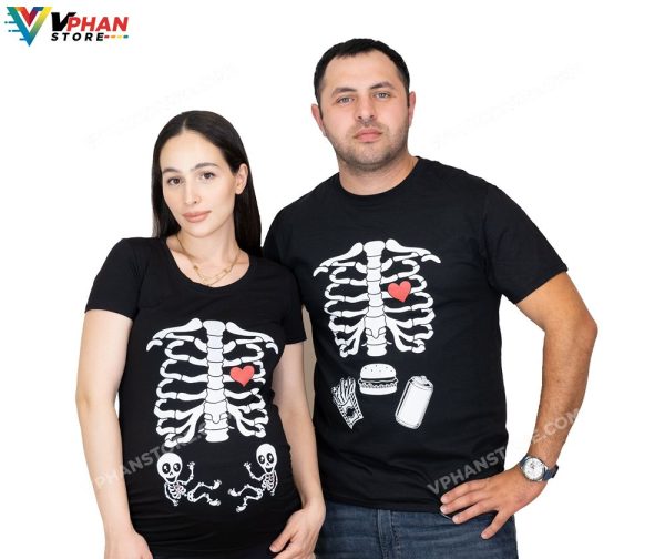 Skeleton Couple Halloween T-Shirt Mother Father Pregnancy Gift Twins Announcement Shirt