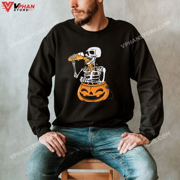 Skeleton Drinking Beer Funny Pumpkin Halloween Costume Jack O Lantern T-Shirt