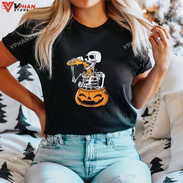 Skeleton Drinking Beer Funny Pumpkin Halloween Costume Jack O Lantern T-Shirt