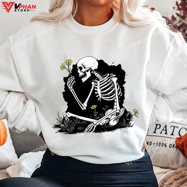 Skeleton Flower Lazy Halloween Costume Cool Bones Skull T-Shirt