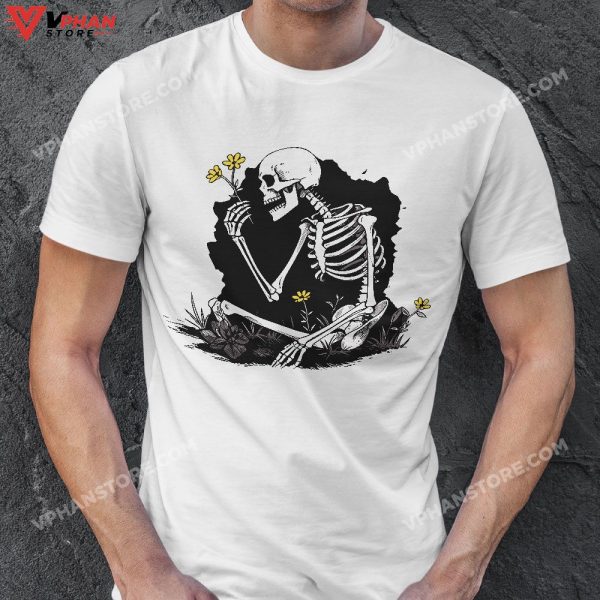 Skeleton Flower Lazy Halloween Costume Cool Bones Skull T-Shirt