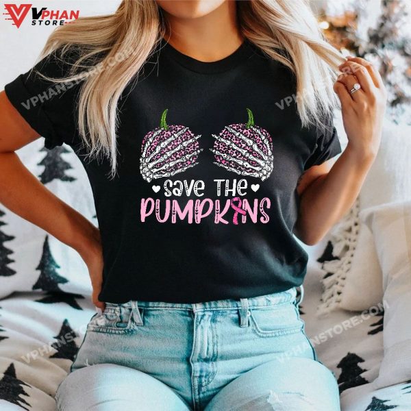 Skeleton Halloween Breast Cancer Awareness Funny Pumpkin T-Shirt