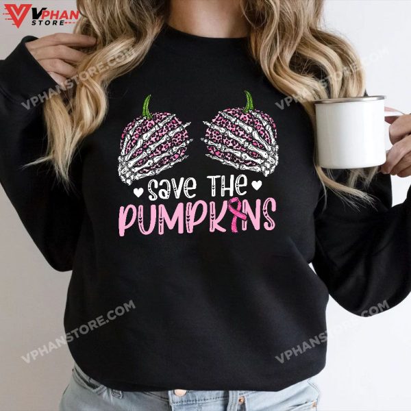 Skeleton Halloween Breast Cancer Awareness Funny Pumpkin T-Shirt