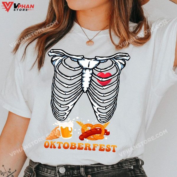 Oktoberfest Pregnancy Announcement Skeleton Halloween T-Shirt