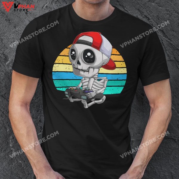 Skeleton Halloween Video Gamer Gifts Kids Boys Teens Men T-Shirt