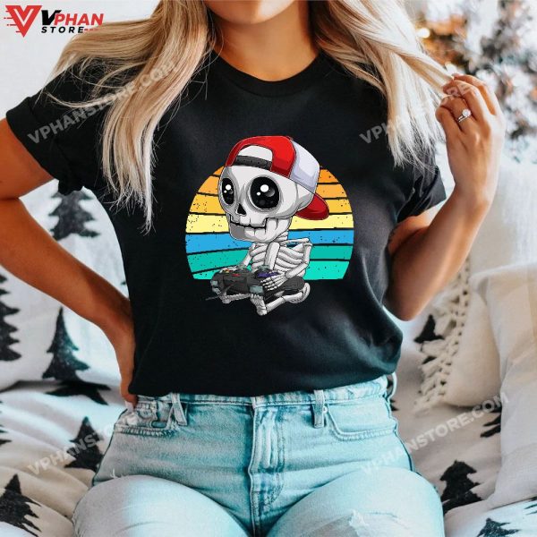 Skeleton Halloween Video Gamer Gifts Kids Boys Teens Men T-Shirt