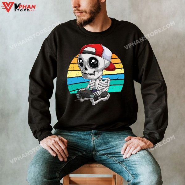 Skeleton Halloween Video Gamer Gifts Kids Boys Teens Men T-Shirt