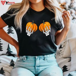 Skeleton Hand On Chest Pumpkin Boobs Halloween Boob Women T Shirt 1