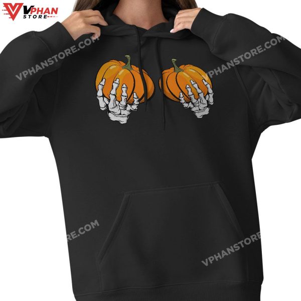 Skeleton Hand On Chest Pumpkin Boobs, Halloween Boob Women T-Shirt