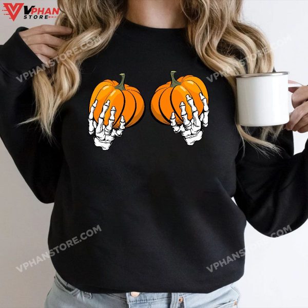 Skeleton Hand On Chest Pumpkin Boobs, Halloween Boob Women T-Shirt