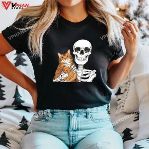 Skeleton Holding A Cat Shirt Lazy Halloween Costume Skull T Shirt 1