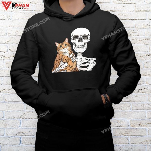 Skeleton Holding A Cat Shirt Lazy Halloween Costume Skull T-Shirt