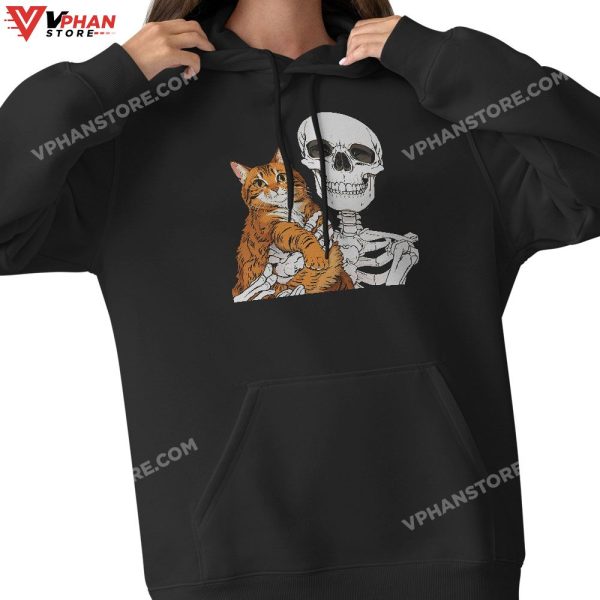 Skeleton Holding A Cat Shirt Lazy Halloween Costume Skull T-Shirt