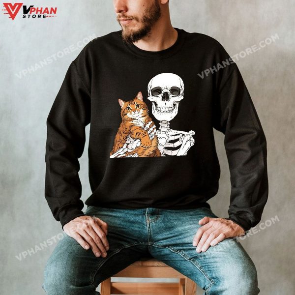 Skeleton Holding A Cat Shirt Lazy Halloween Costume Skull T-Shirt