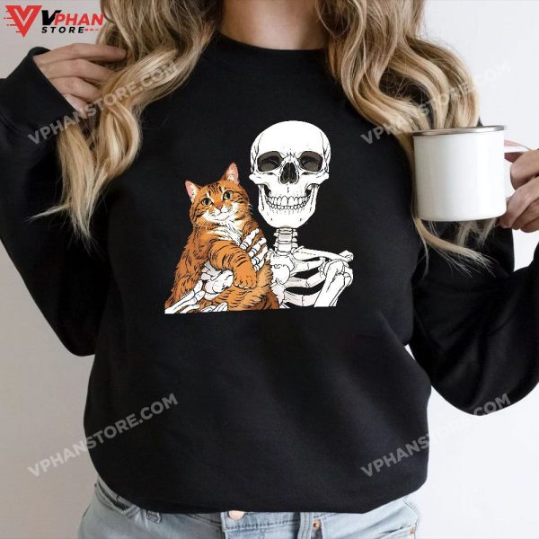 Skeleton Holding A Cat Shirt Lazy Halloween Costume Skull T-Shirt