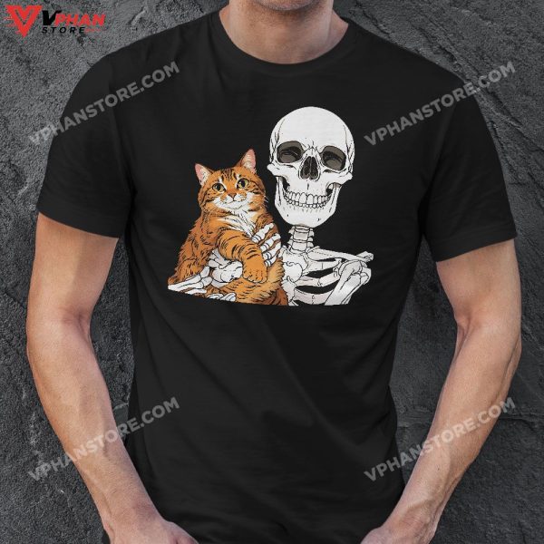 Skeleton Holding A Cat Shirt Lazy Halloween Costume Skull T-Shirt