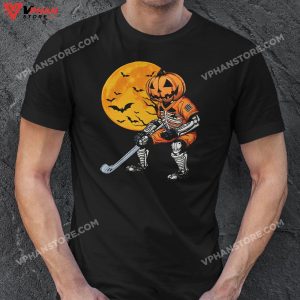 Skeleton Ice Hockey Halloween Pumpkin Hockey Mens Boys Kids T Shirt 1