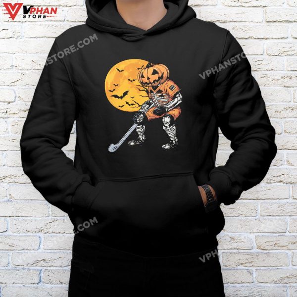 Skeleton Halloween Pumpkin Hockey Mens Boys Kids T-Shirt, Skeleton Costume