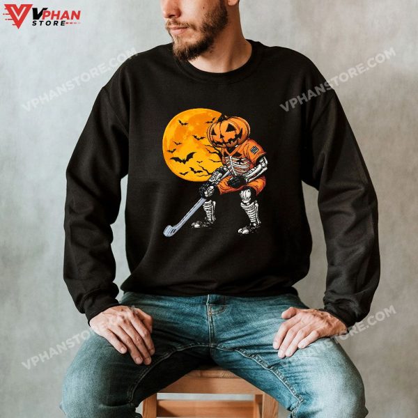 Skeleton Halloween Pumpkin Hockey Mens Boys Kids T-Shirt, Skeleton Costume