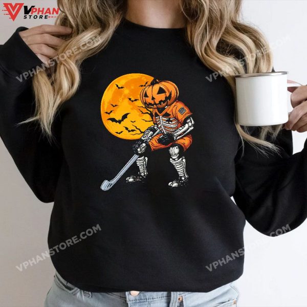 Skeleton Halloween Pumpkin Hockey Mens Boys Kids T-Shirt, Skeleton Costume