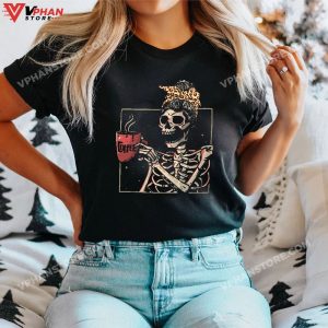 Skeleton Messy Bun Drinking Coffee Halloween Costume Women T Shirt 1