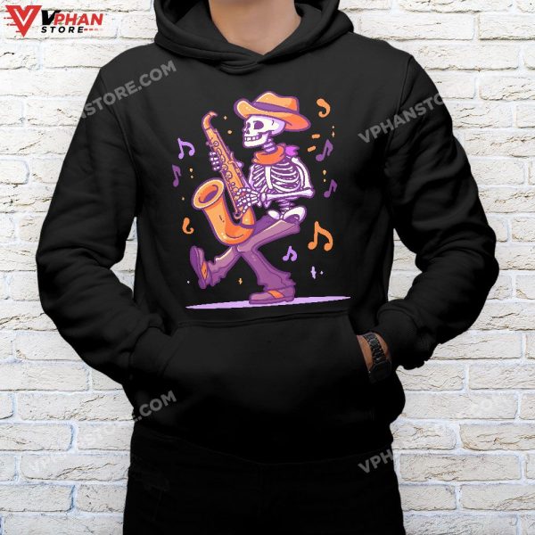 Skeleton Playing Saxophone Jazz Halloween Music Boys Men T-Shirt, Skeleton Costume