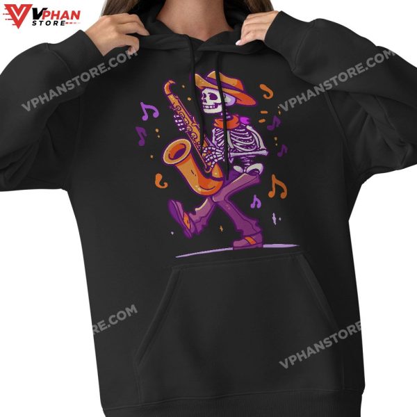 Skeleton Playing Saxophone Jazz Halloween Music Boys Men T-Shirt, Skeleton Costume