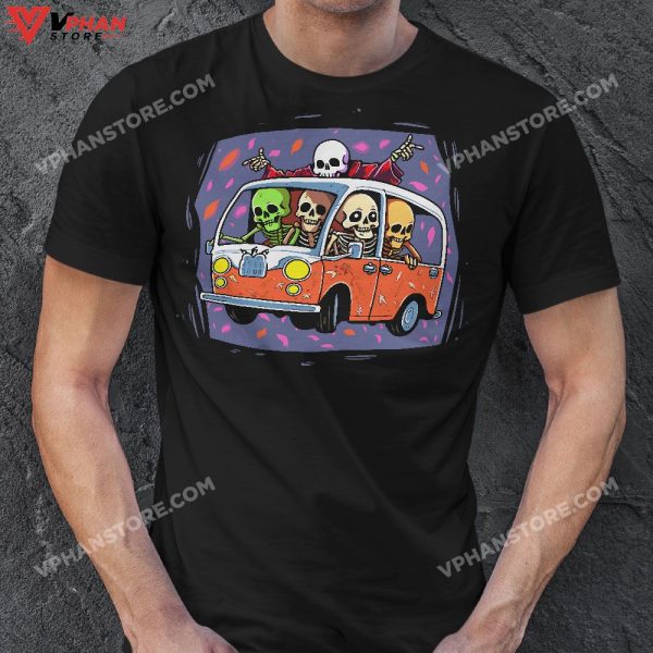 Skeleton Riding Hippie Van Halloween Costume Retro Bones T-Shirt