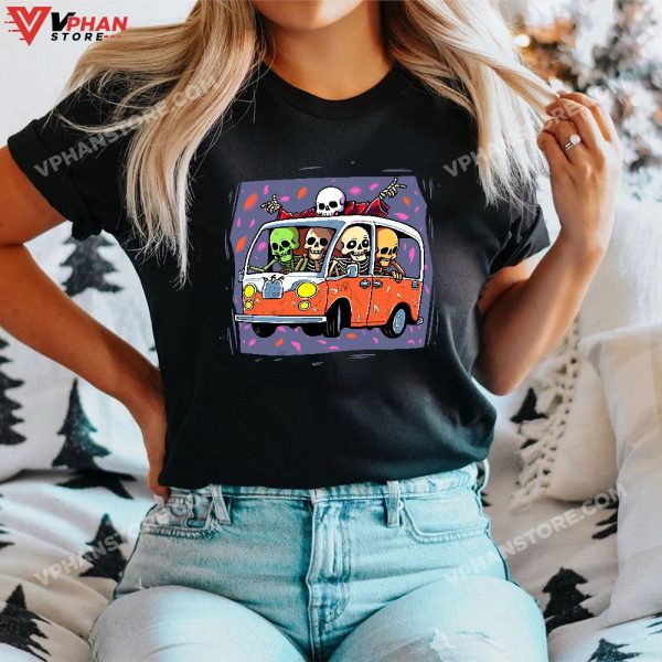 Skeleton Riding Hippie Van Halloween Costume Retro Bones T-Shirt