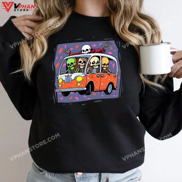 Skeleton Riding Hippie Van Halloween Costume Retro Bones T-Shirt