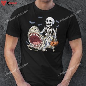 Skeleton Riding Mummy Shark Funny Halloween Pumpkin Kids T Shirt 1