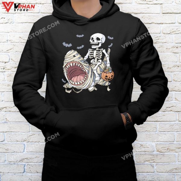 Skeleton Riding Mummy Shark Funny Halloween Pumpkin Kids T-Shirt