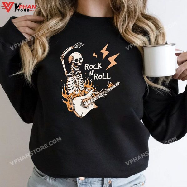 Cool Rock N Roll Skeleton T-Shirt Rocker Halloween Costume