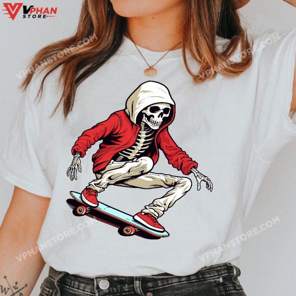 Skeleton Skateboard Halloween Costume Funny Skull Boy T-Shirt