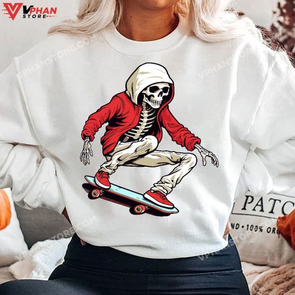 Skeleton Skateboard Halloween Costume Funny Skull Boy T-Shirt