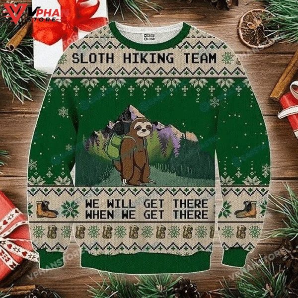 Sloth Hiking Team Green Christmas, Ugly Christmas Sweater